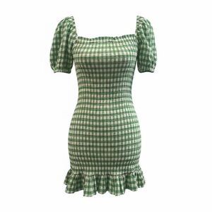 BB Dakota Steve Madden Green Gingham Smocked Mini Dress Puff Sleeve Cottagecore